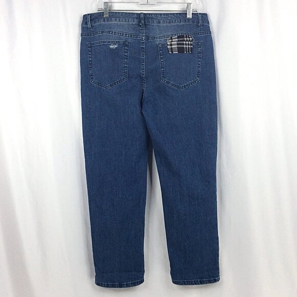 Tru Luxe Jeans Womens Size 14 Distressed Plaid Patch Patchwork Straight Leg - Picture 2 of 7